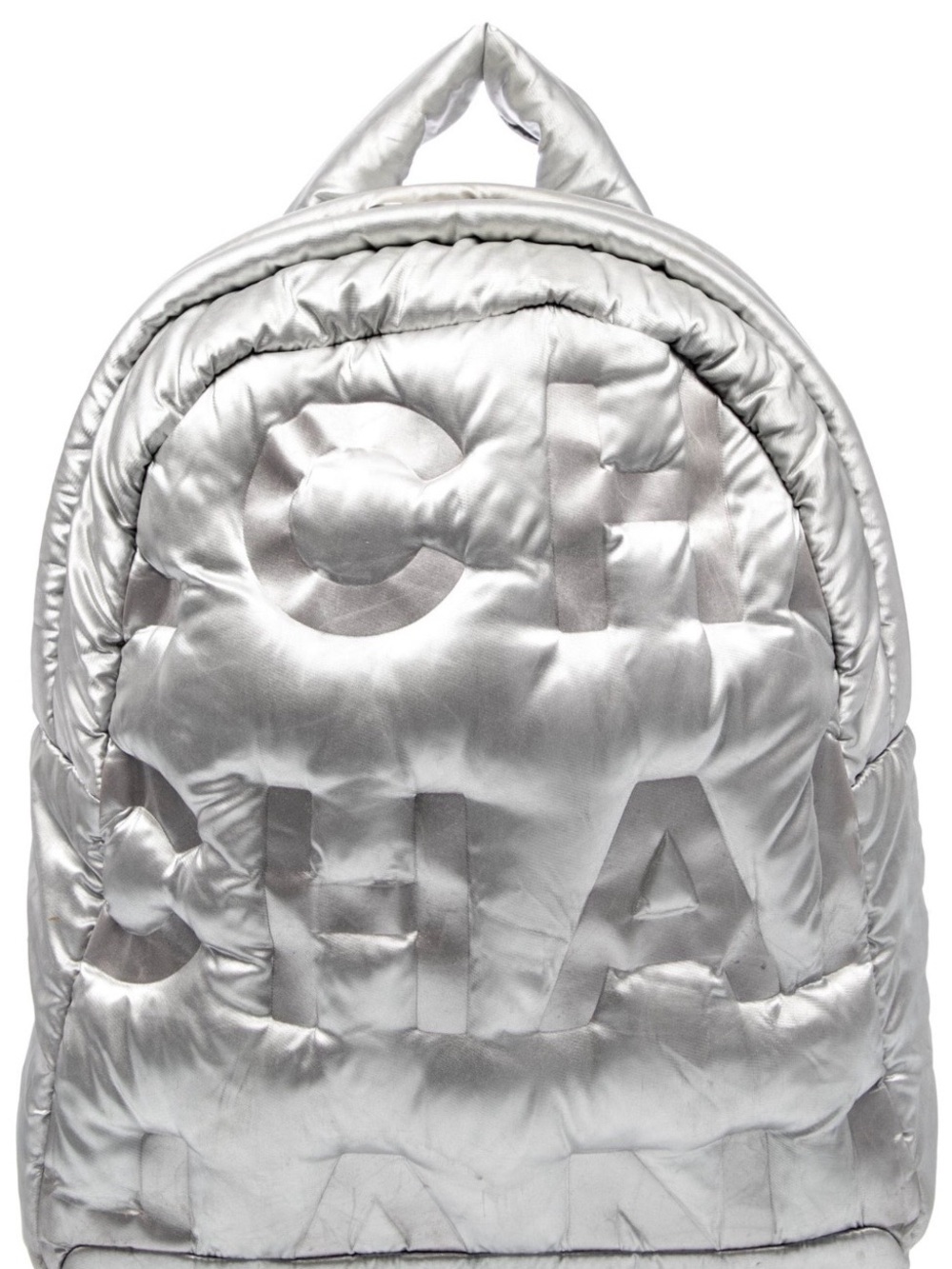 CHANEL Silver Quilted Logo Backpack